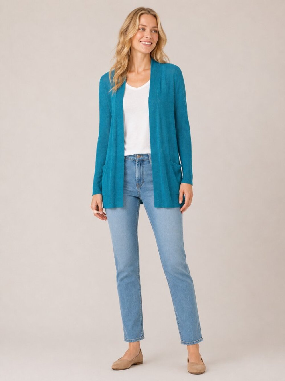 J. Jill Pure Jill Linen Blend Longline Open Cardigan Pockets Teal Medium #A3681